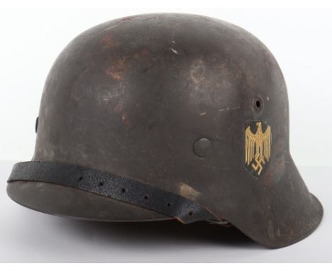 German Army M-42 Single Decal Steel Combat Helmet, good example of a very late pattern steel combat helmet which has a late w