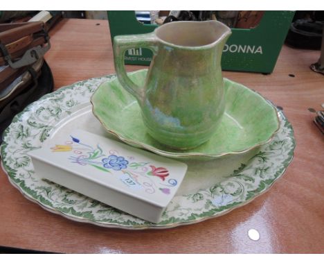 A selection of ceramics including Goven ware dish and jug, Poole box and meat platter