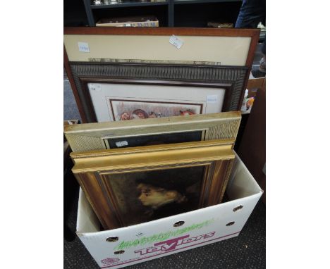 A box of prints and pictures including comic print