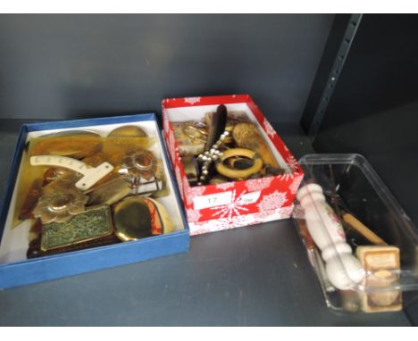 A miscellaneous collection including copper snuff box, corkscrews, matchboxes etc