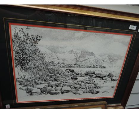 A pen and ink sketch after Karl Stedman, Lakeland landscape, 14x20', mounted and framed 