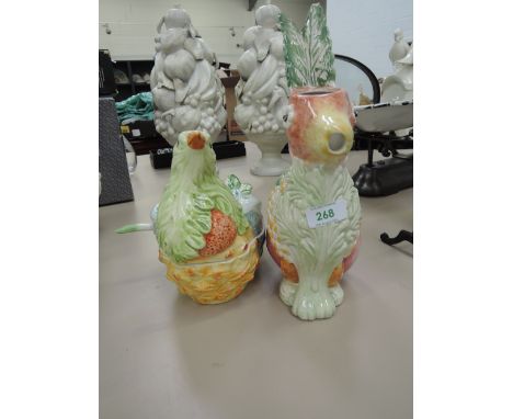 An Italian ceramic jug in the form of a vegetable rabbit and a similar serving dish in the form of a bird