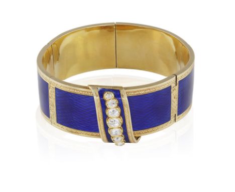 A MID 19TH CENTURY DIAMOND AND ENAMEL BRACELET, CIRCA 1860The hinged bangle centring a graduated line of old cushion-shaped d