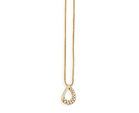 A DIAMOND PENDANT ON CHAIN, BY BOUCHERONThe openwork drop pendant set with brilliant and tapered-cut diamonds suspending from