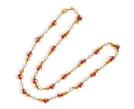 A GEM-SET AND CULTURED PEARL 'CARDAN' NECKLACE, BY MARINA BSet with polished pink sapphires (possibly synthetic) and citrine 