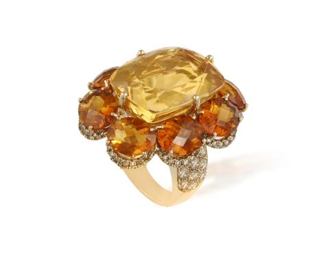 A CITRINE AND DIAMOND 'SUNSHINE' COCKTAIL RING, BY FANNY BLANCHELANDEThe central cushion mixed-cut citrine weighing approxima