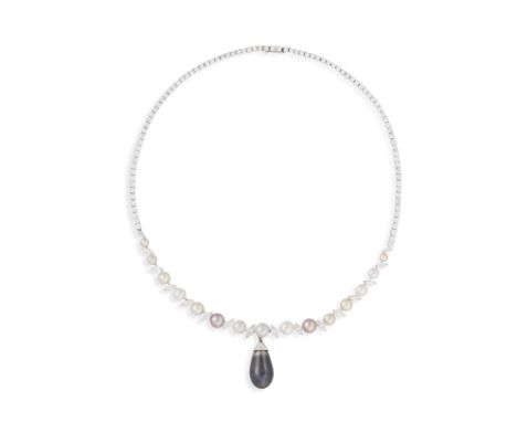 A NATURAL PEARL AND DIAMOND NECKLACE, BY GÜBELINThe front section set with variously coloured button-shaped natural pearls al