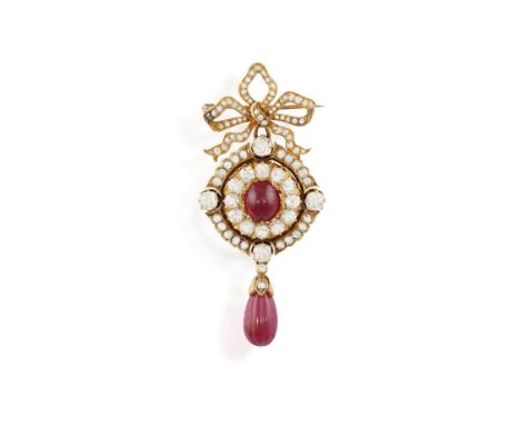 THE PRIVATE COLLECTION OF A CONTINENTAL LADY  (lots 83-93)A LATE 19TH CENTURY RUBY AND DIAMOND PENDANT BROOCH, CIRCA 1880The 