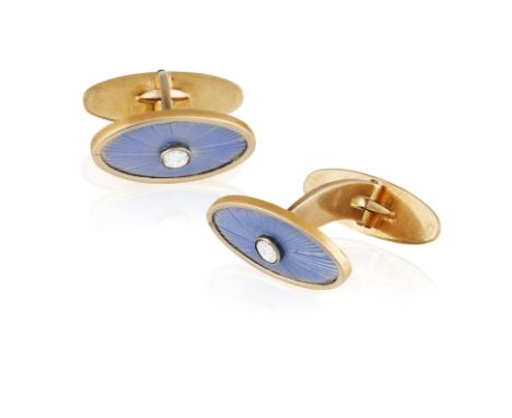 A PAIR OF RUSSIAN IMPERIAL DIAMOND AND ENAMEL CUFFLINKS, BY ANDREI KARLOVICH ADLER, ST PETERSBURG, 1909-1912The oval plaques,