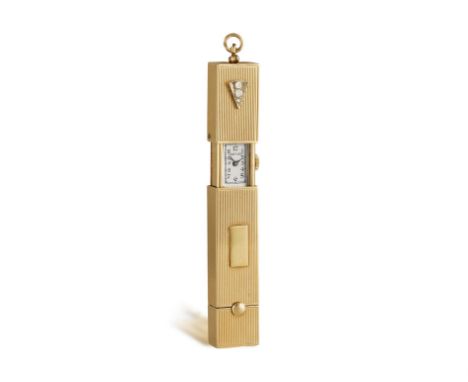 A 14K GOLD AND DIAMOND PENDANT WATCH, BY CARTIER, CIRCA 1960The elongated reeded pendant with three graduated European-cut di