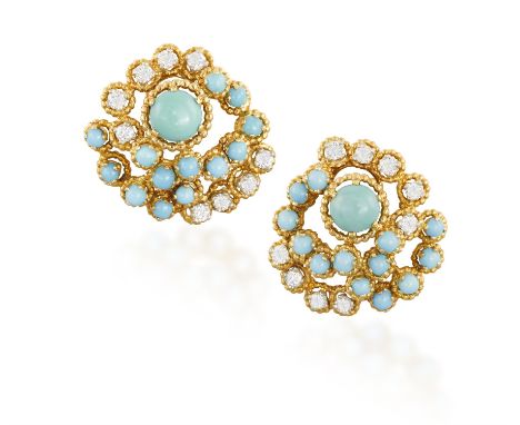 A PAIR OF DIAMOND AND TURQUOISE EARCLIPS, BY BOUCHERON, 1970Each openwork design set with brilliant-cut diamonds and round-sh