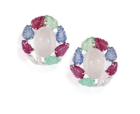 A PAIR OF GEM-SET AND DIAMOND EARRINGSOf Tutti Frutti style, each oval-shaped pink chalcedony cabochon, within a surround of 