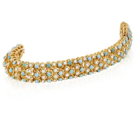 A DIAMOND AND TURQUOISE BRACELET, BY BOUCHERON, CIRCA 1970The articulated bracelet set throughout with brilliant-cut diamonds