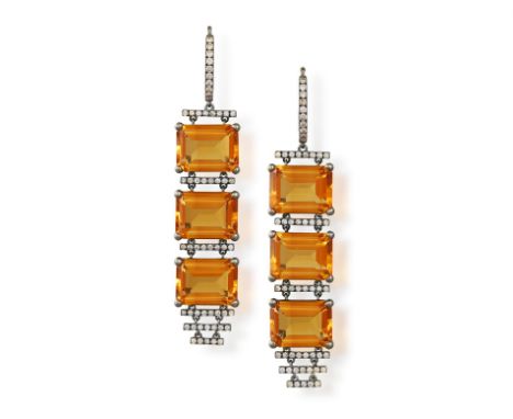 A PAIR OF MADEIRA CITRINE AND DIAMOND PENDENT EARRINGS, BY FANNY BLANCHELANDEEach highly articulated trio of Madeira citrines