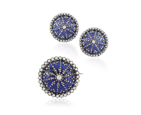 THE PRIVATE COLLECTION OF A CONTINENTAL LADY  (lots 83-93)A PAIR OF LATE 19TH CENTURY ENAMEL AND DIAMOND EARRINGS WITH MATCHI