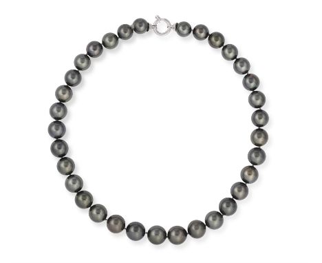 A CULTURED PEARL NECKLACEComposed of a single row of graduated cultured Tahitian pearls measuring from 11.03 - 13.56mm, to an
