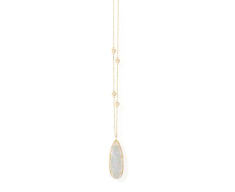 AN OPAL AND DIAMOND PENDANT ON CHAINThe pear-shaped cabochon opal drop within a surround of brilliant-cut diamonds, suspendin