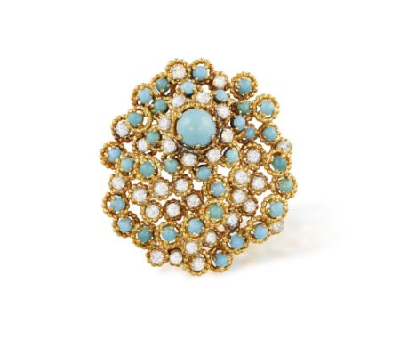 A DIAMOND AND TURQUOISE BROOCH, BY BOUCHERON, CIRCA 1970Of openwork design, centring a round-shaped cabochon turquoise, withi