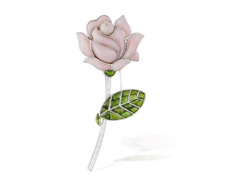 AN OPAL, TOURMALINE AND DIAMOND FLOWER BROOCH, BY MICHELE DELLA VALLEThe stylised rose, set with polished pink opal petals an