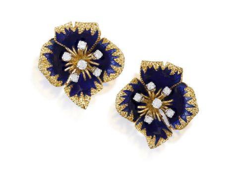 A PAIR OF ENAMEL AND DIAMOND EARCLIPS, BY CARTIER, CIRCA 1960Of stylised rose design, each flowerhead set with a brilliant-cu