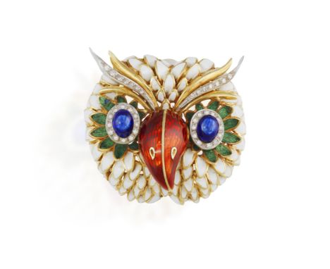 A DIAMOND AND ENAMEL NOVELTY BROOCH, BY LUNATI, CIRCA 1965Modelled as an owl's head, embellished throughout with white, green