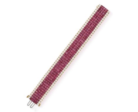 AN IMPORTANT FINE RUBY AND DIAMOND BRACELET, BY PEDERZANI, CIRCA 1993The articulated strap set with four rows of square-cut r