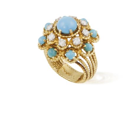 A DIAMOND AND TURQUOISE DRESS RING, 1970Of bombé design, the openwork flowerhead set with a round-shaped cabochon turquoise a