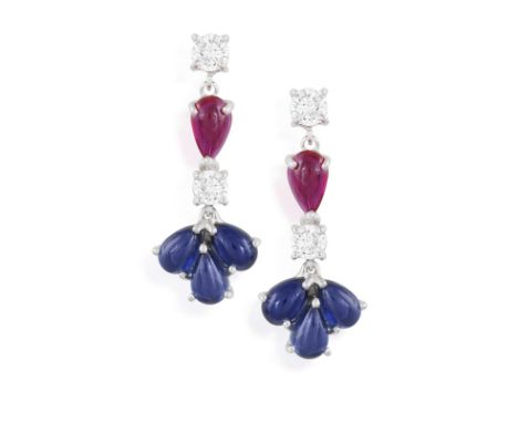 A PAIR OF SAPPHIRE, RUBY AND DIAMOND PENDENT EARRINGSEach pear-shaped cabochon sapphire trio, suspending from two brilliant-c