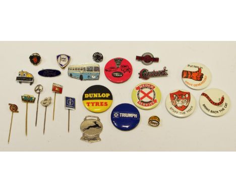 Motoring interest - various lapel pins including Skoda 1000MB, Mercedes, Toyota, Volvo &amp; Mortl; a 1960's Castrol enamel b