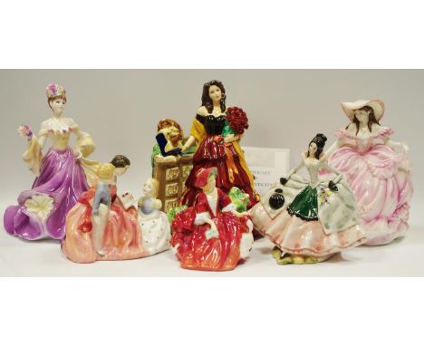 Royal Doulton figures including Lydia HN 1908 and The Bedtime Story HN 2059; A Coalport Literary Heroines Rebecca no. 2242/25