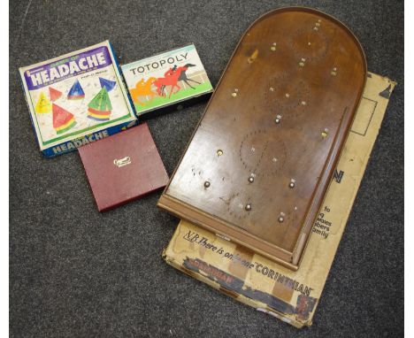 Games - Corinthian The Master Board bagatelle in original box; The Game Of Headache; The New Game Totopoly; Caspan Bridge set