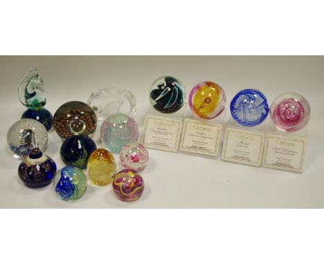 A Caithness glass paperweights including Pink Champagne, Calypso, Steelblue, Mischief, Acrobat, Moon Crystal x 2, Weaver 2005