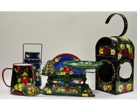 Barge ware - a Kenyon Supreme railway lamp; cast iron weighing scales &amp; weights; enamel jug, billy can, plate etc. 