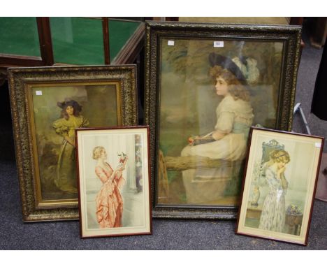 An Edwardian oak framed and glazed Pears print of a young girl, seated upon a stile holding an apple, wearing blue ribbon tie