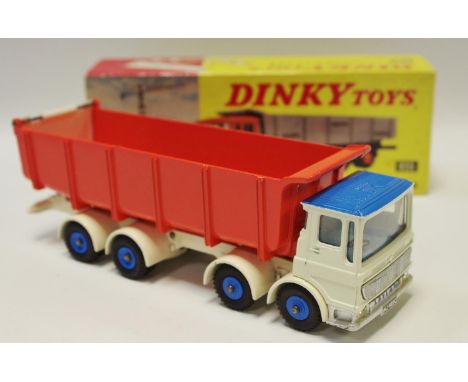 Dinky 925 Leyland Dump Truck with Tilt Cab - cream cab and chassis, mid-blue roof and plastic hubs, orange back, light blue i