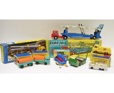 Corgi 1105 Bedford TK Carrimore Car Transporter - red cab, lemon interior, silver trim, spun hubs with blue Trailer, silver t