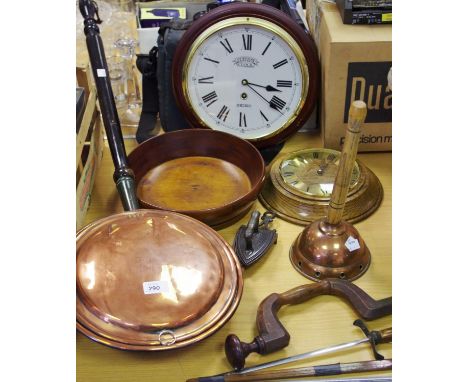 A brass mounted  carpenters mahogany brace, stamped Green; copper bed warming pan; a copper Simplex No.6 plunger; a Seiko Sta