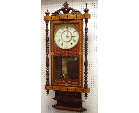 A 19th century American style wall clock, marquetry inlaid throughout 