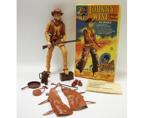 Marx Johnny West figure The Action Cowboy complete with Gear for the Trail &amp; Range hat, canteen, kerchief, chaps, vest, b