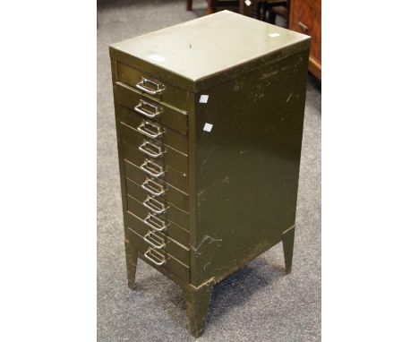 An early 20th century 10 drawer metal filing cabinet. 73cm high x 29cm wide x 39cm deep.