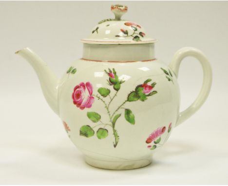 An 18th century Worcester globular teapot and cover, hand painted with roses, rose bud finial c.1770