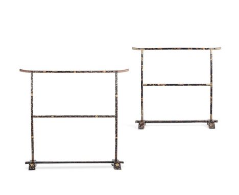 TWO JAPANESE BLACK AND GILT LACQUER KIMONO RAILS FIRST HALF 20TH CENTURY one with engraved brass mounts the largest 162cm hig