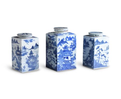THREE CHINESE EXPORT BLUE AND WHITE SQUARE TEA CADDIES EARLY 19TH CENTURY approximately 29cm high Condition Report:  All with