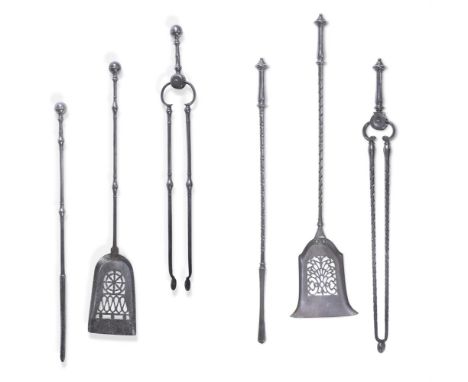 TWO SETS OF POLISHED STEEL FIRE IRONS 19TH CENTURY first set possibly late George III with turned knop pommel handles shovel 