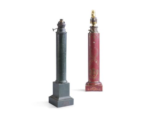 TWO FRENCH PAINTED TOLEWARE LAMP BASES LATE 19TH CENTURY each with a cast iron label 'INDUSTRIE FRANCAISE' the green 61cm hig