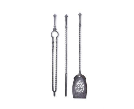 A SET OF THREE EARLY VICTORIAN POLISHED STEEL FIRE TOOLS CIRCA 1840-60 with octagonal faceted handles the shovel 67.5cm long 