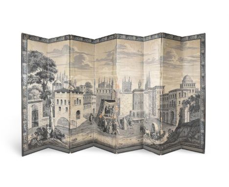 A FRENCH PRINTED EIGHT FOLD SCREEN SECOND HALF NINETEENTH CENTURY block printed in grey monochrome with grey figures in a tow