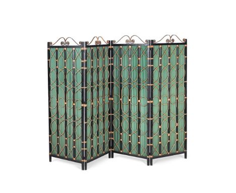AN EBONISED AND BAMBOO FOUR FOLD SCREEN BACKED WITH GREEN FABRIC FIRST HALF 20TH CENTURY each panel 161cm high, 58.5cm high  