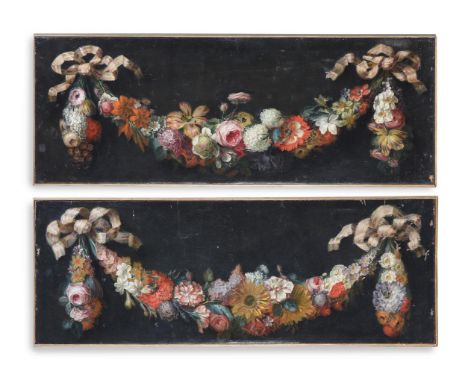CONTINENTAL SCHOOL (19TH CENTURY) TWO STUDIES FOR FLOWER GARLANDS Oil on canvas 46 x 124.5cm and smaller (2)       Condition 