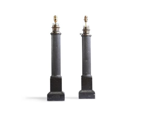 A PAIR OF FRENCH BRONZED COLUMNAR TABLE LAMPS LATE 19TH CENTURY Each with an cast label 'INDUSTRIE FRANCAISE No 5107 LAMPE-SI